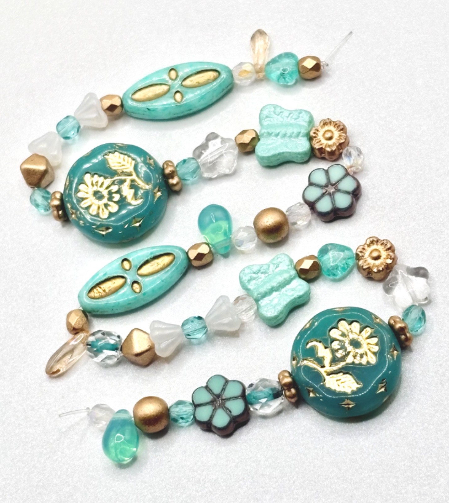 50 Czech Beads -ALL CZECH GLASS BEAD STRAND Turquoise/Gold Mixed Czech Glass Lot