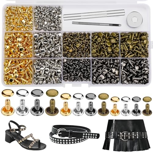 540 PCS Leather Rivets Double Cap Kit, 3 Sizes, 4 Colors, Includes Tools