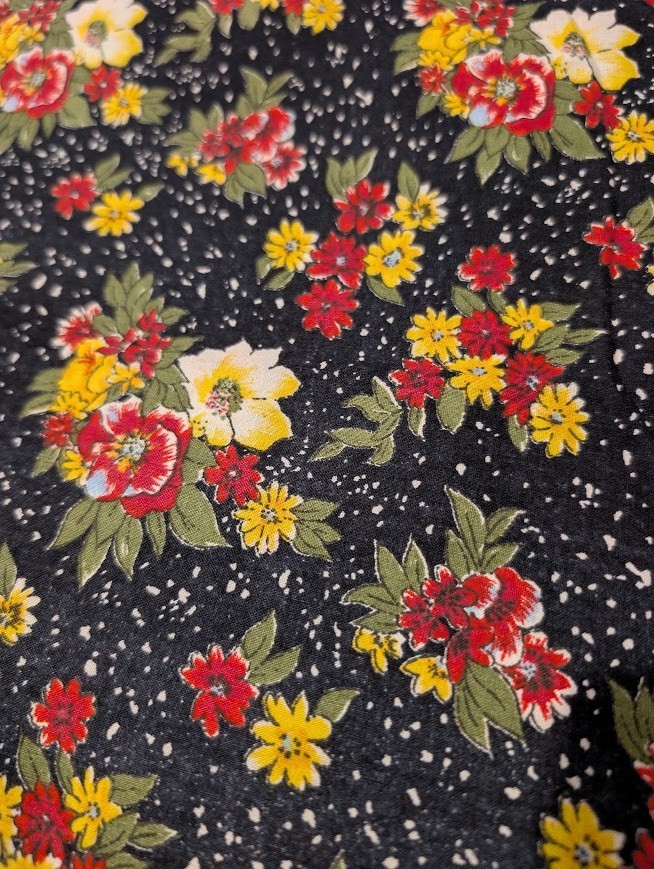 Vintage Fabric Black Background Red and Yellow Flowers 1 yard Cotton