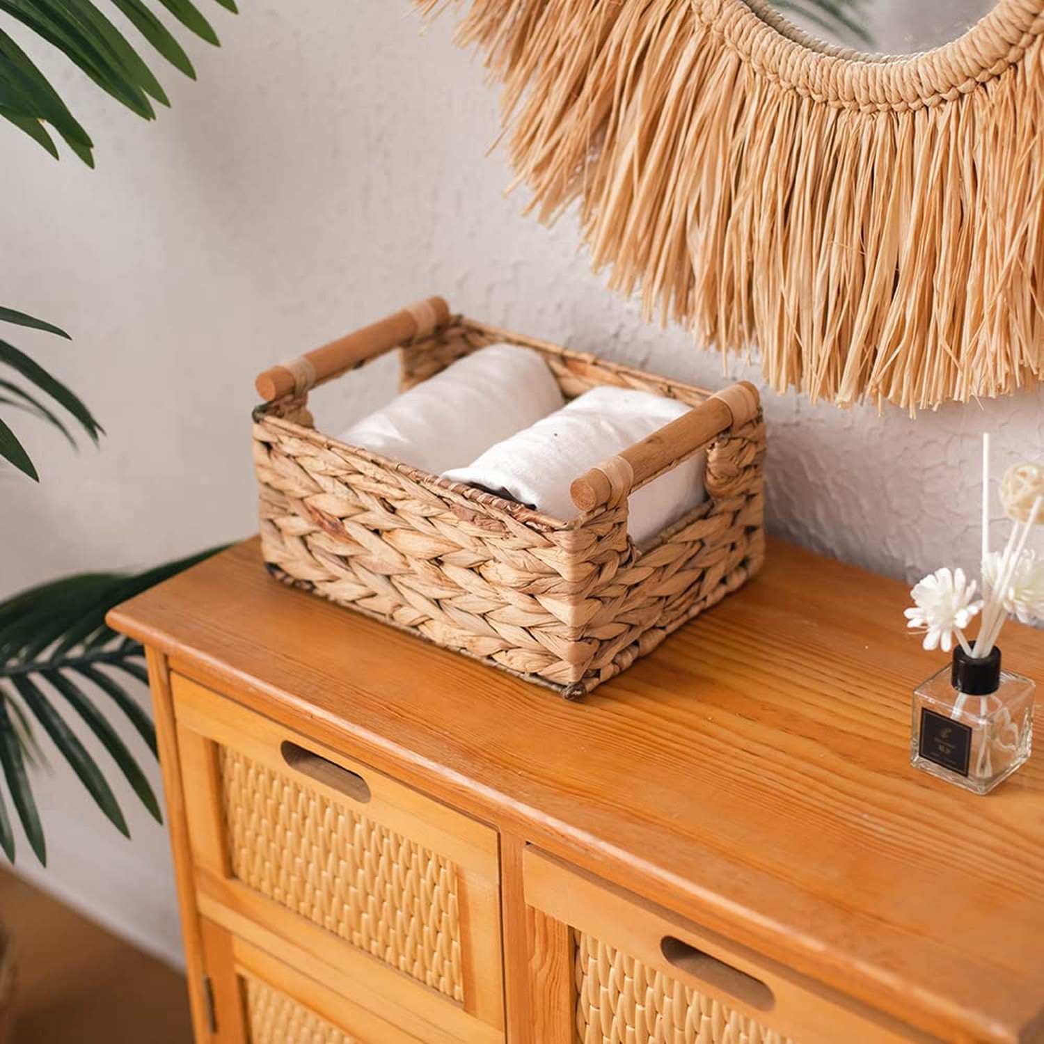 Storage Basket made by Water Hyacinth with Wood Handles, Arts and Crafts. (Sm…