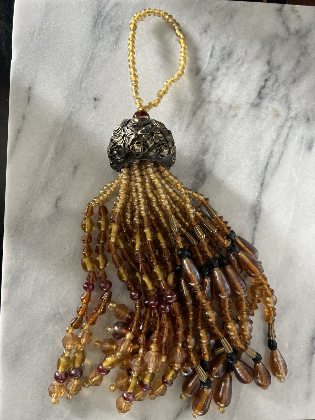 Amber glass gold tones warm Color Heavy Beaded Tassel Holiday ornament rich 7″