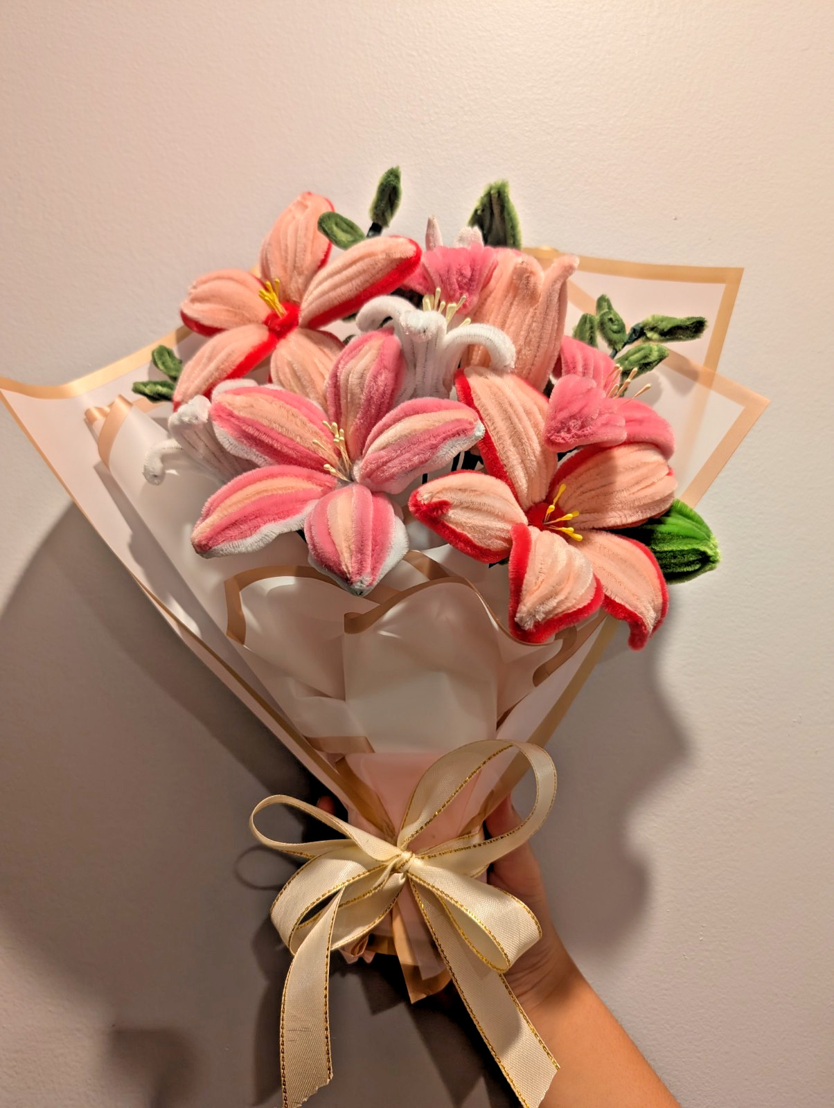 Handmade Lily pipe cleaner Flower Bundle Bouquet, Pink and White Great For Gift