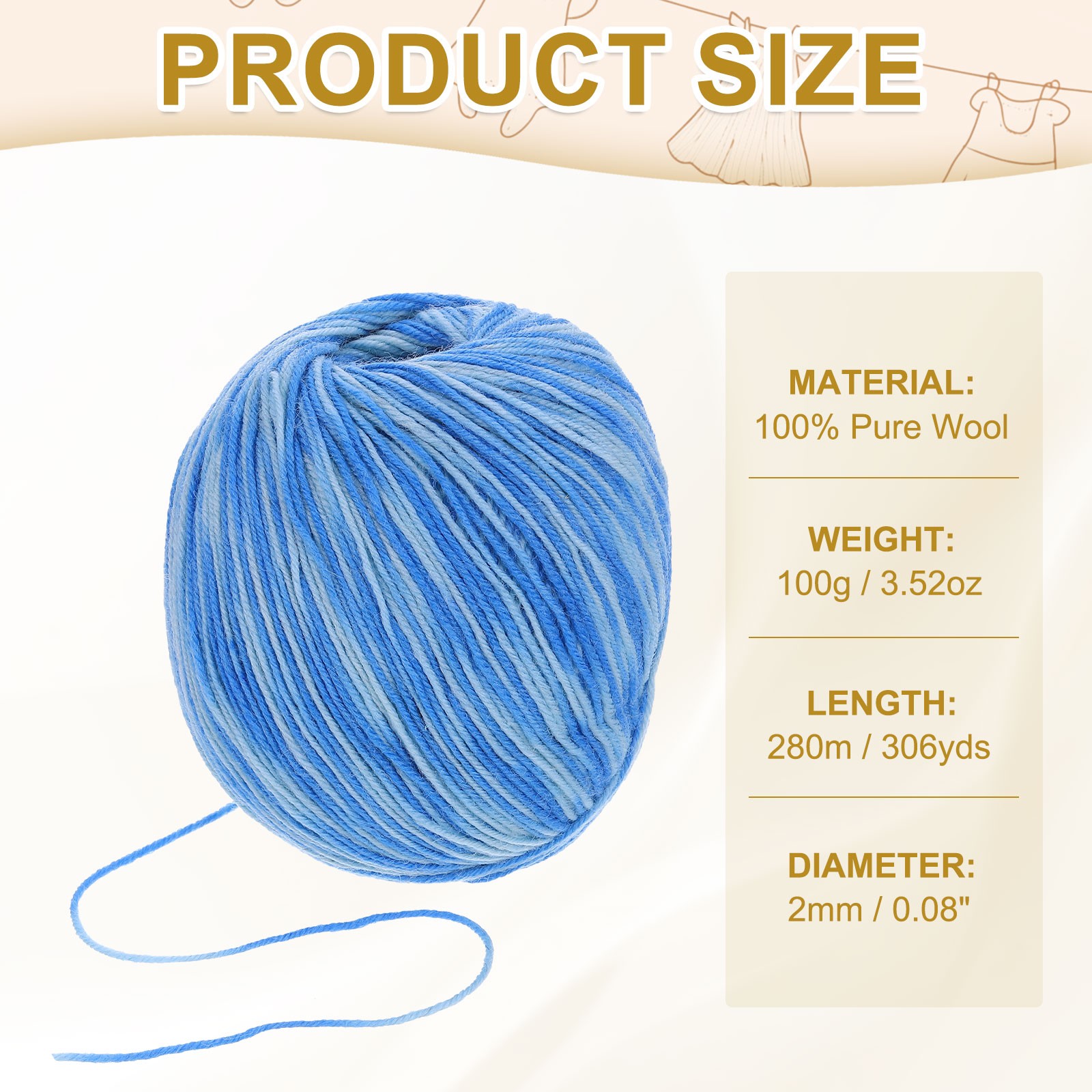 4-Ply 100% Wool Yarn 3.52 OZ, 306 Yds(Blue Gradient, 1 Ball)
