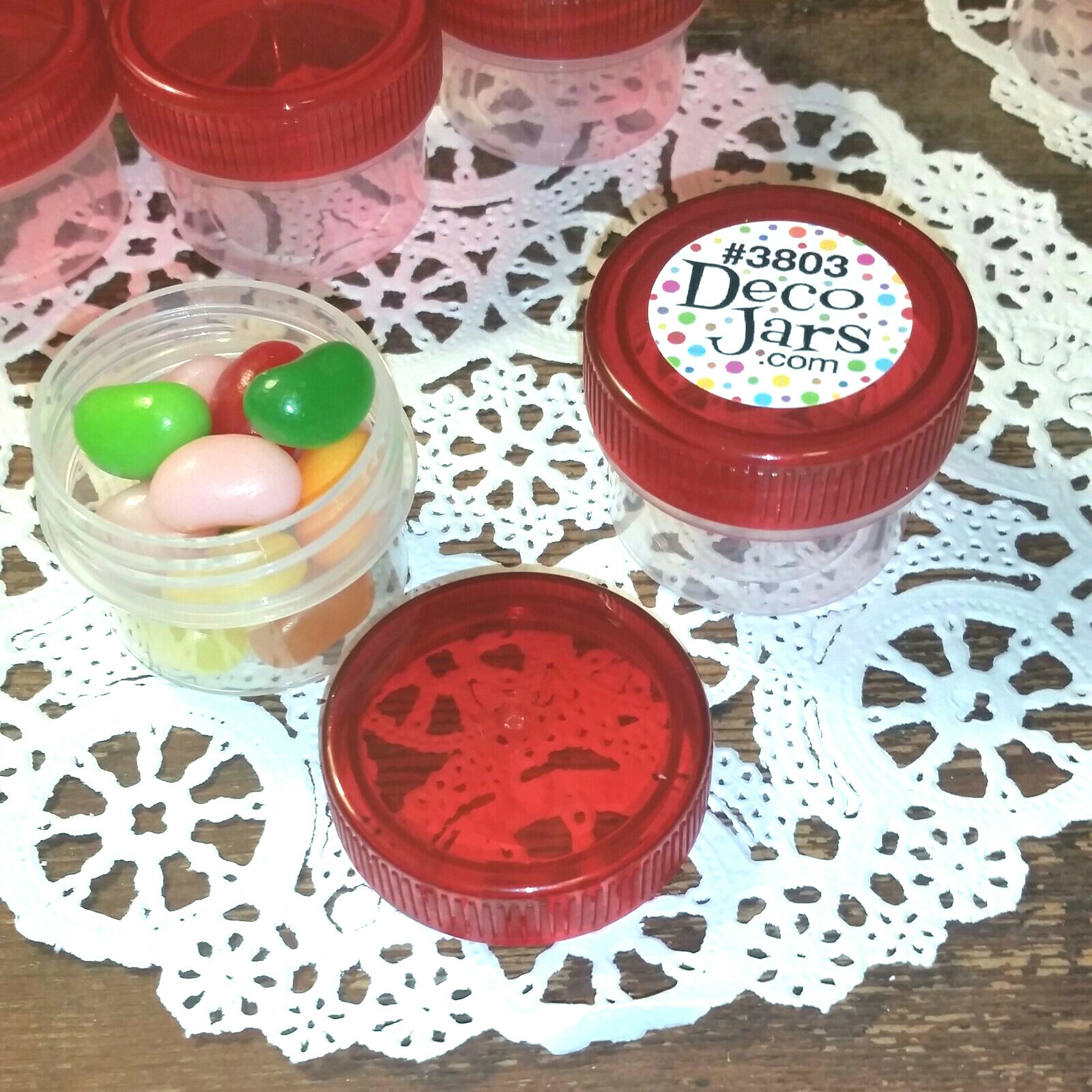 20 Small 1/2oz Plastic Jars See Thru RED Caps Container Hummingbird Part DecoJar