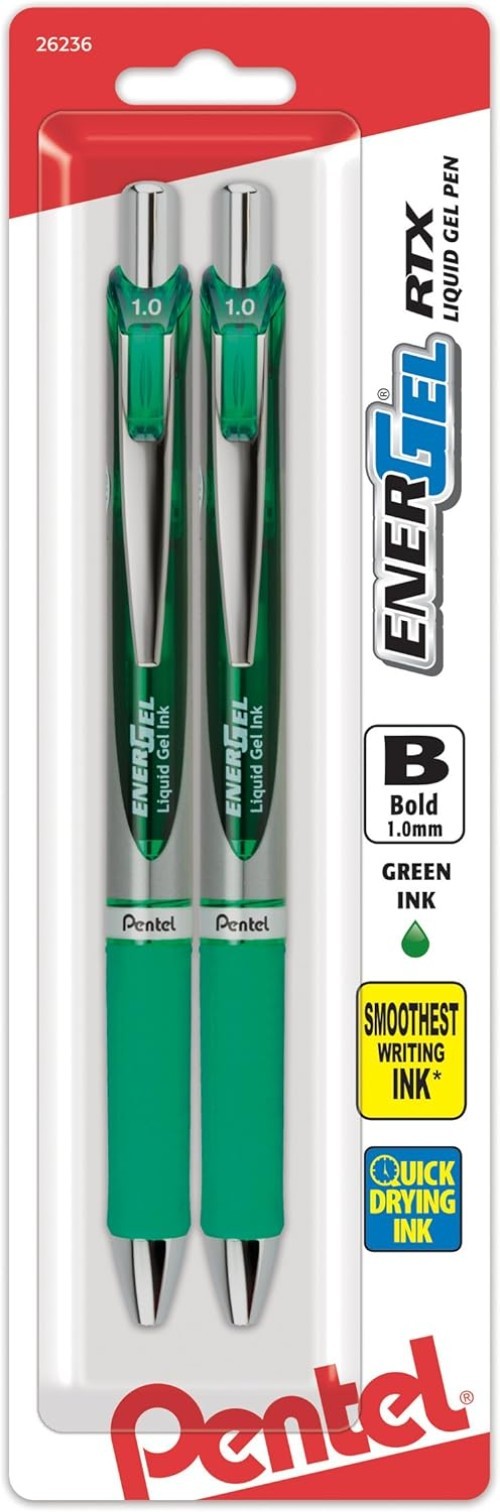 Stylish EnerGel RTX Retractable Pens 1.0mm Green Ink with Rubber Grip, 2 Pack