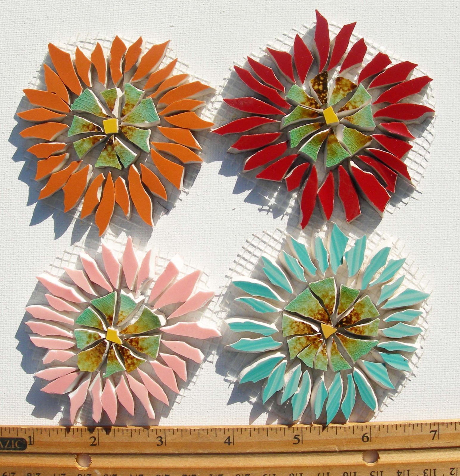 4 Large Multicolor Daisy Mosaic Tiles Made of Broken China Plates