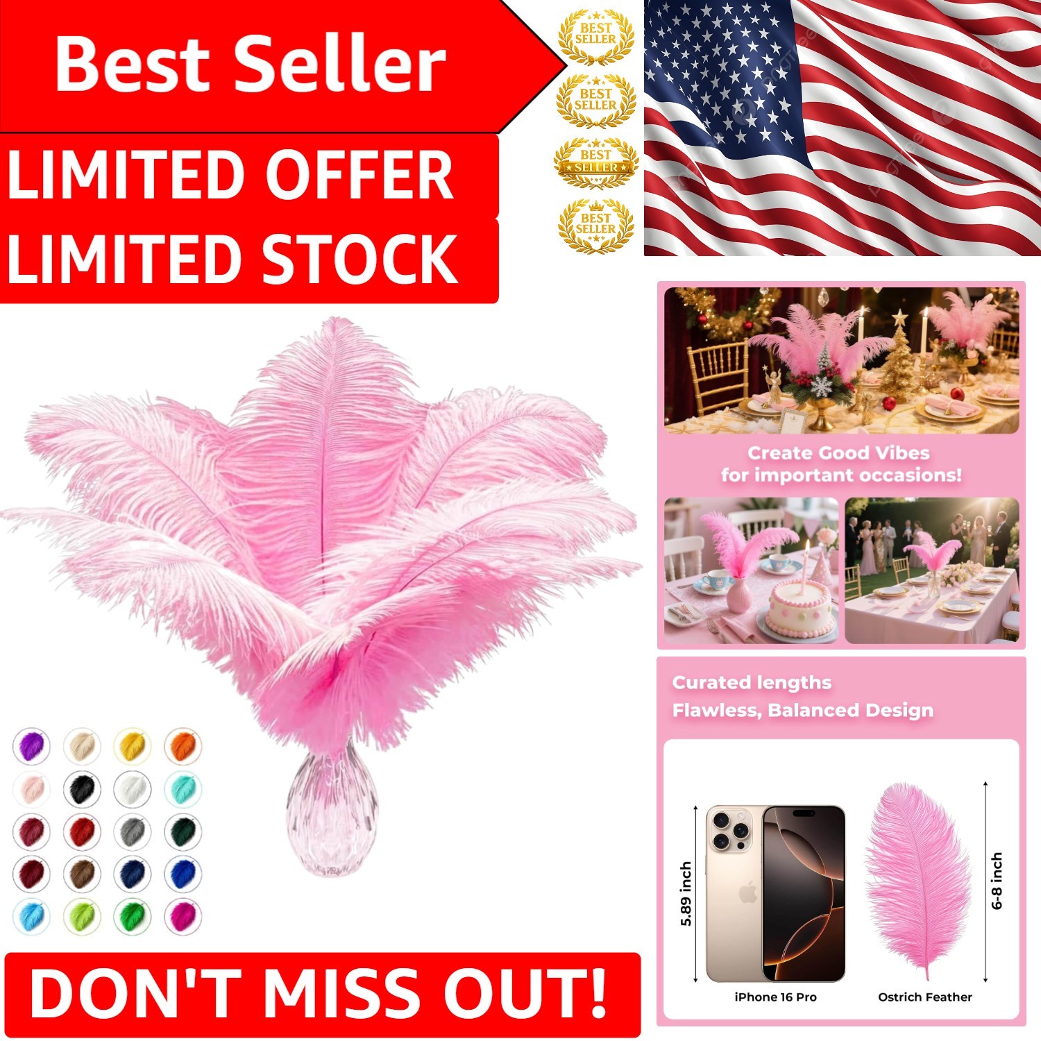 Cruelty-Free Pink Ostrich Feathers Plumes 6-8” Bulk for Creative Projects