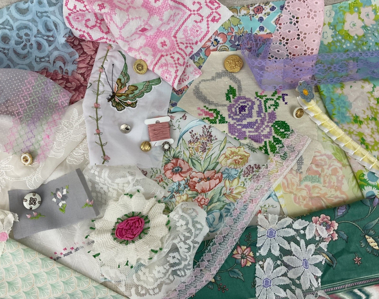 Curated Vintage Slow Stitch Bundle – Mixed Media Textile Collage Art Supplies