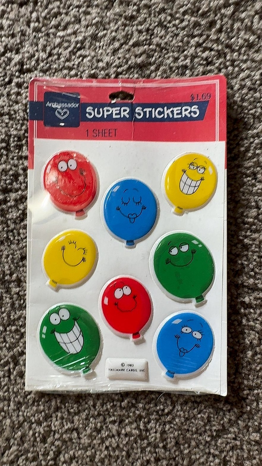 Vintage 1983 Hallmark Ambassador Super Stickers – Puffy Balloon Faces, 1 Sheet