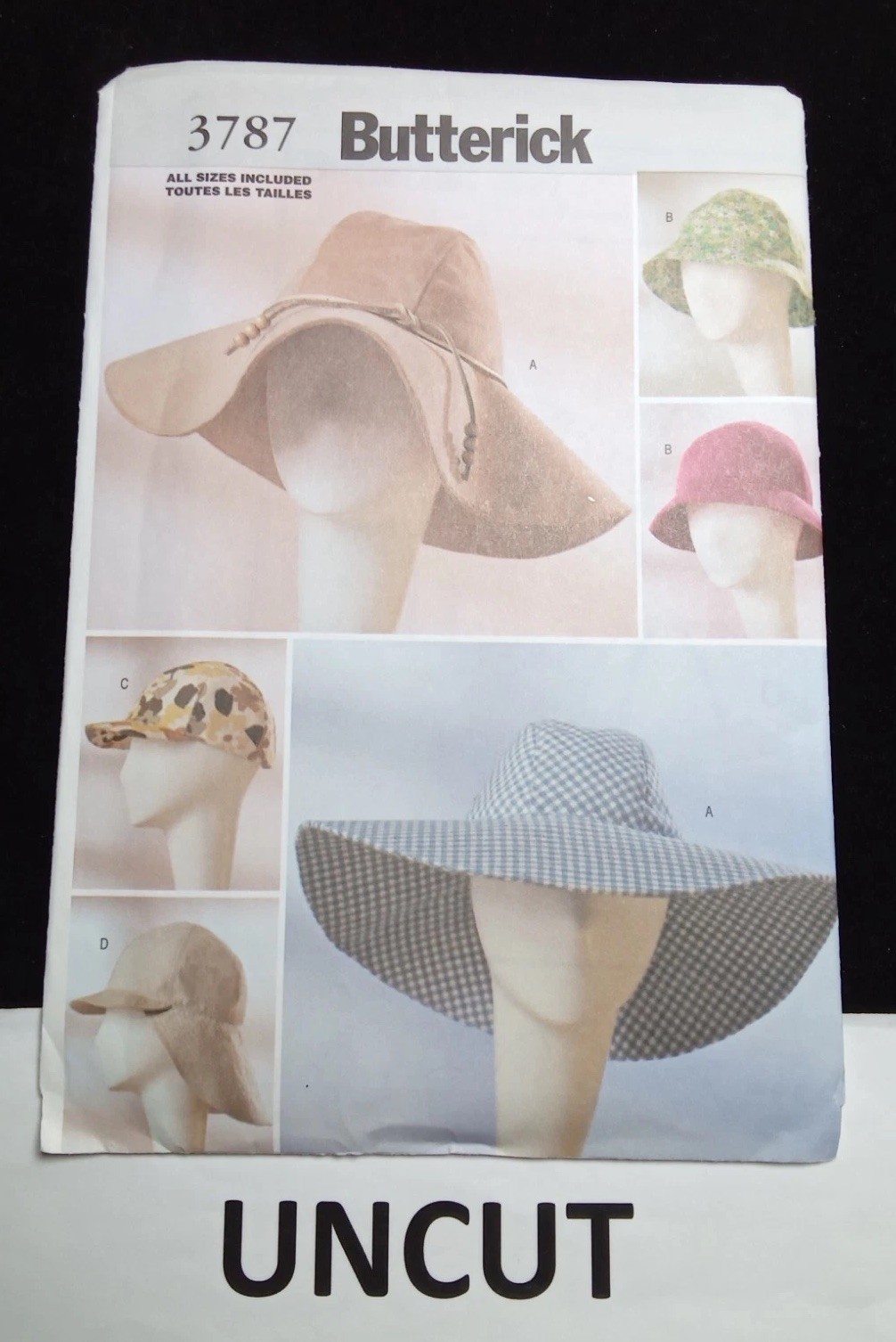 BUTTERICK UNCUT Pattern 3787 All Sizes SML Lined Hats Caps Floppy 4 Styles