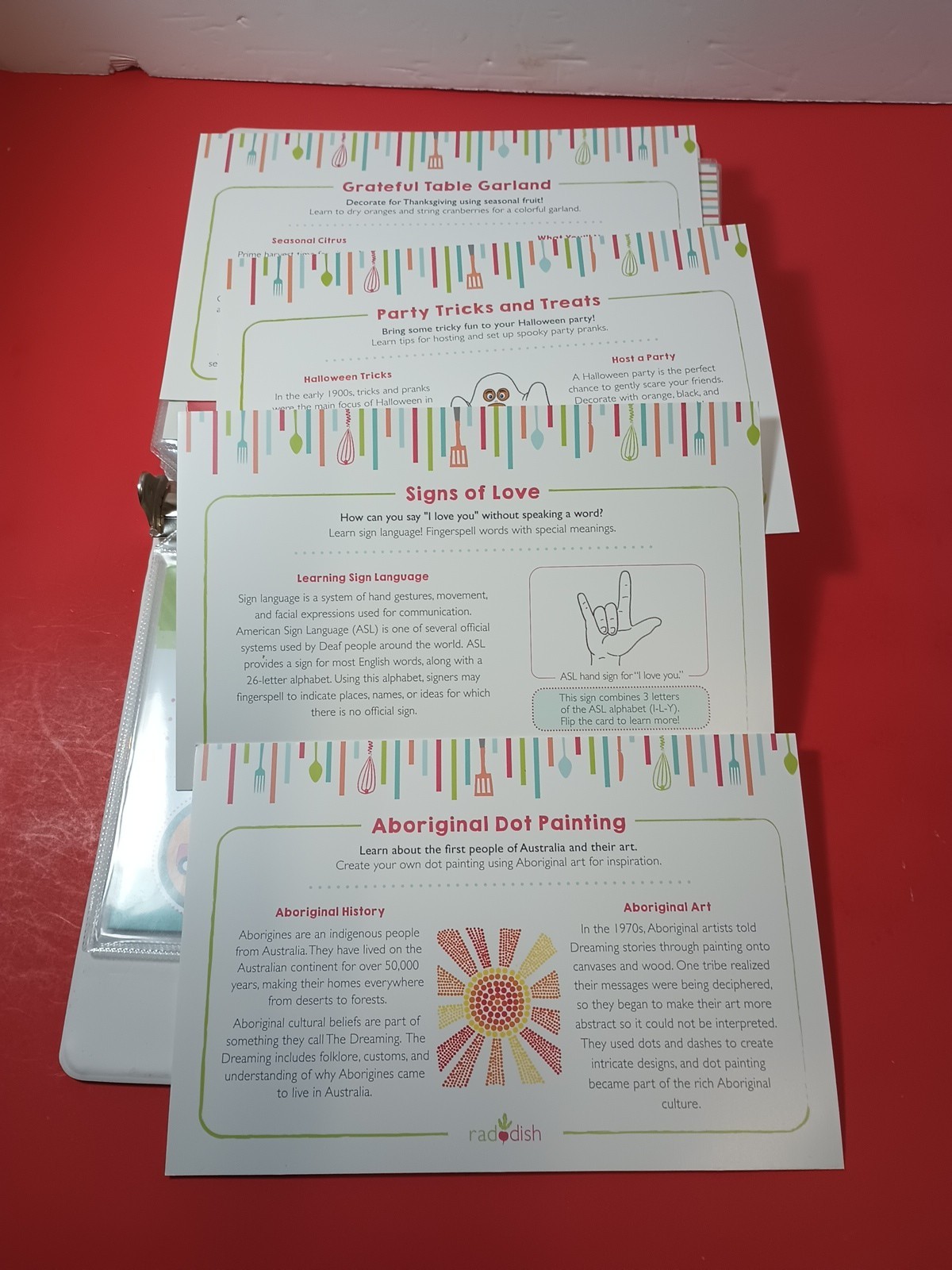 Lot Of 18 RADDISH KIDS Cooking Recipe Cards, INSTRUCTIONS, TRI-FOLD +12 Cards