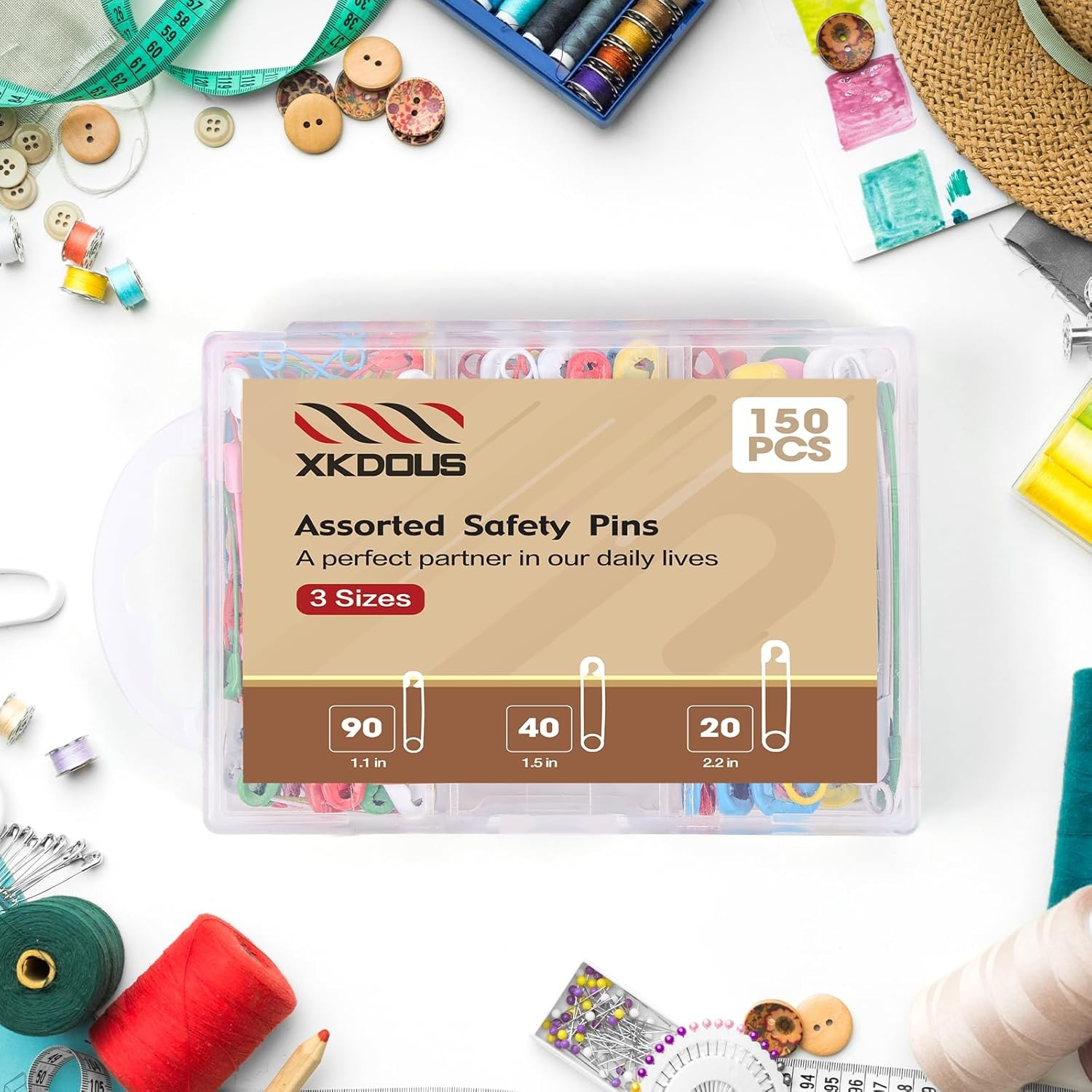 XKDOUS Safety Pins – 150 Pcs Assorted Sizes 6 Color Pins Bulk – Small & Large He