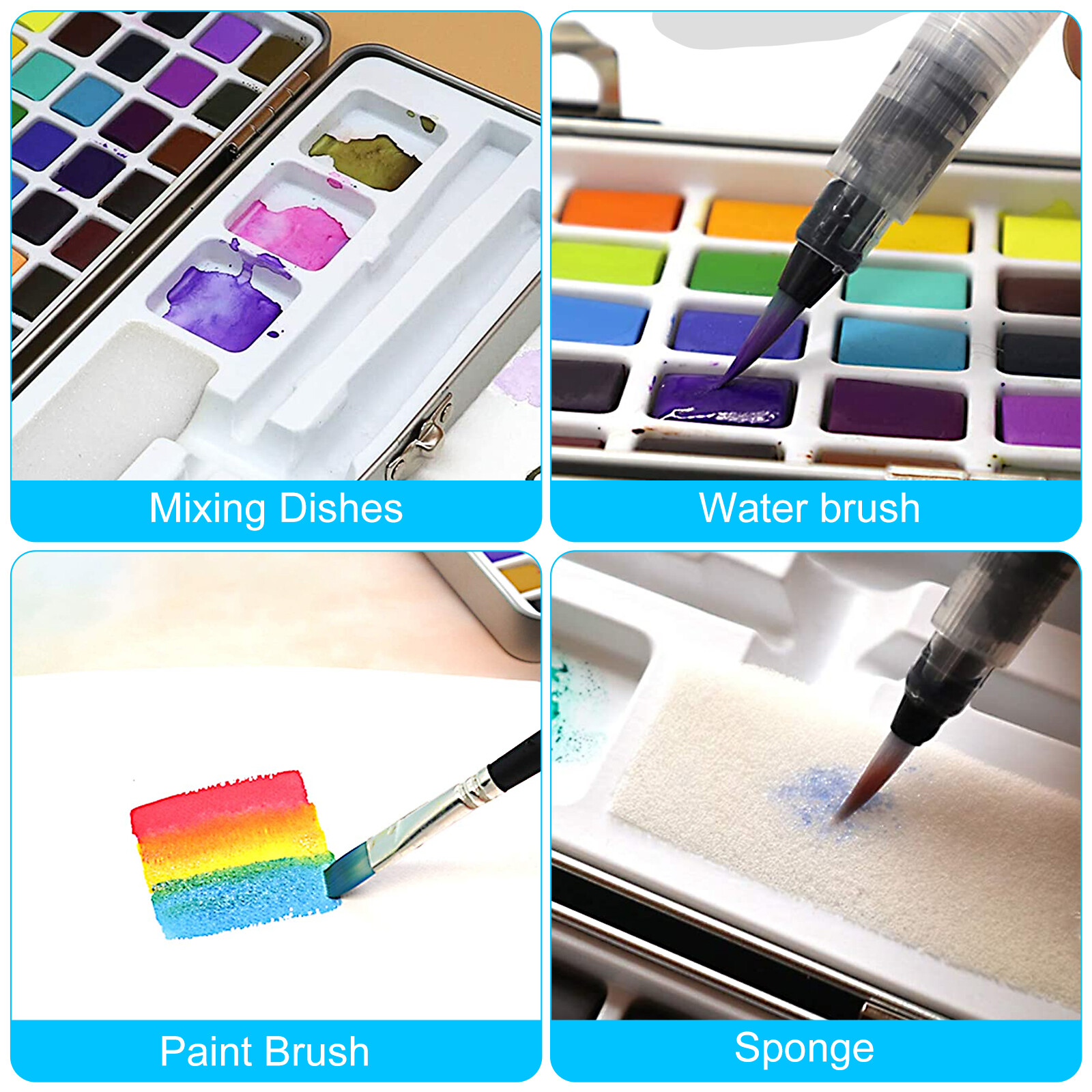 Professional 50 Colors Watercolor Paint Draw Painting + Water Brush Pigments Set