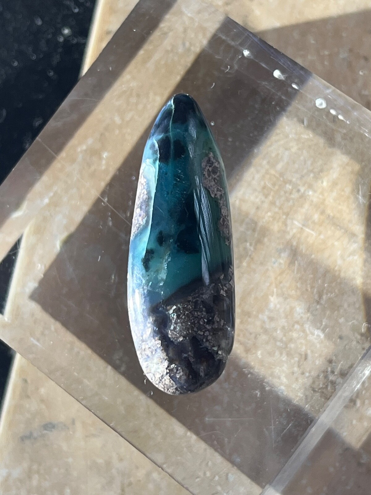 Needles Blue Agate 23.7 Cab in Rhyolite Porphyry Pear tear drop Blue Danube , AZ