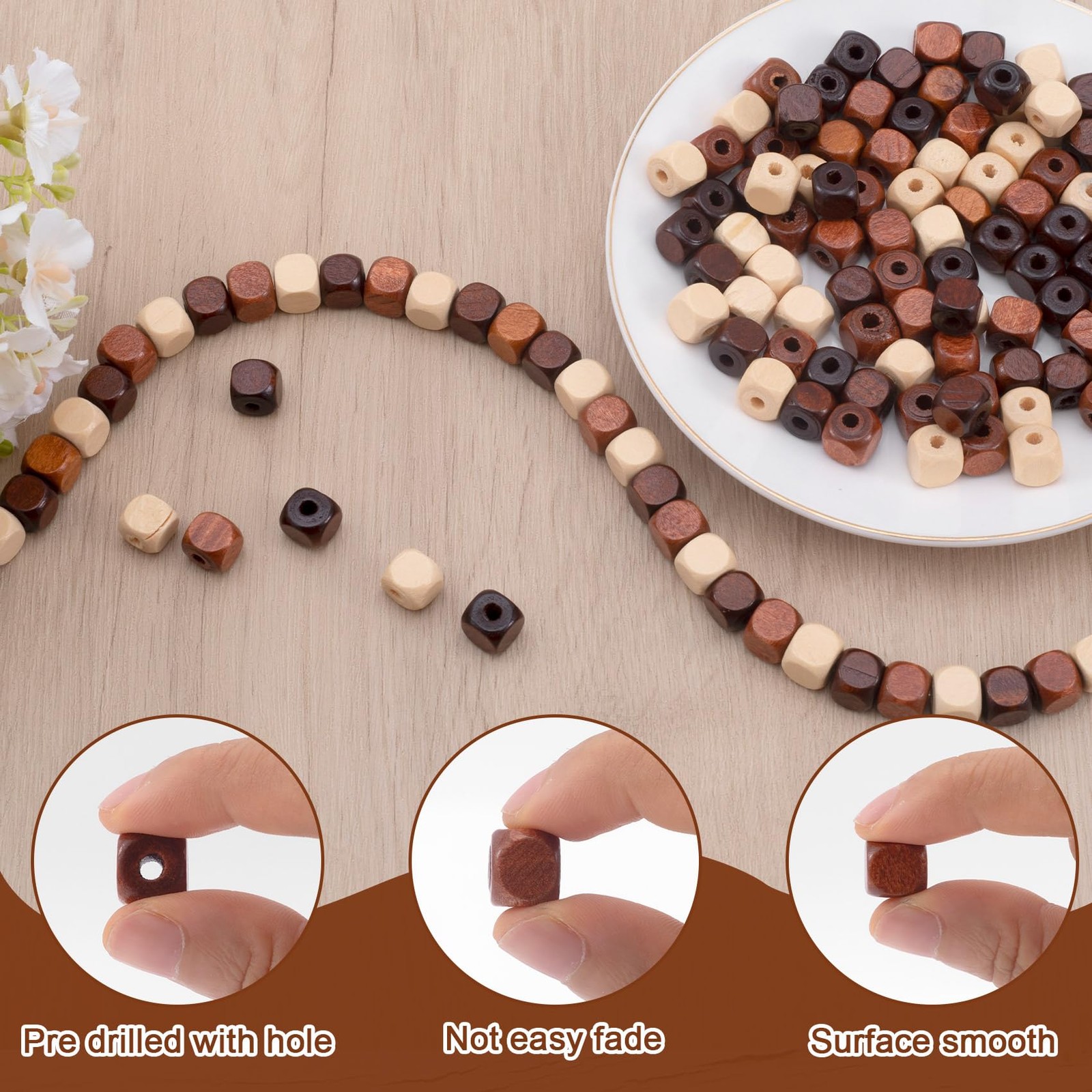150pcs Large Hole Wooden 0.35×0.39in/10×10mm, 3 Colors 10x10mm