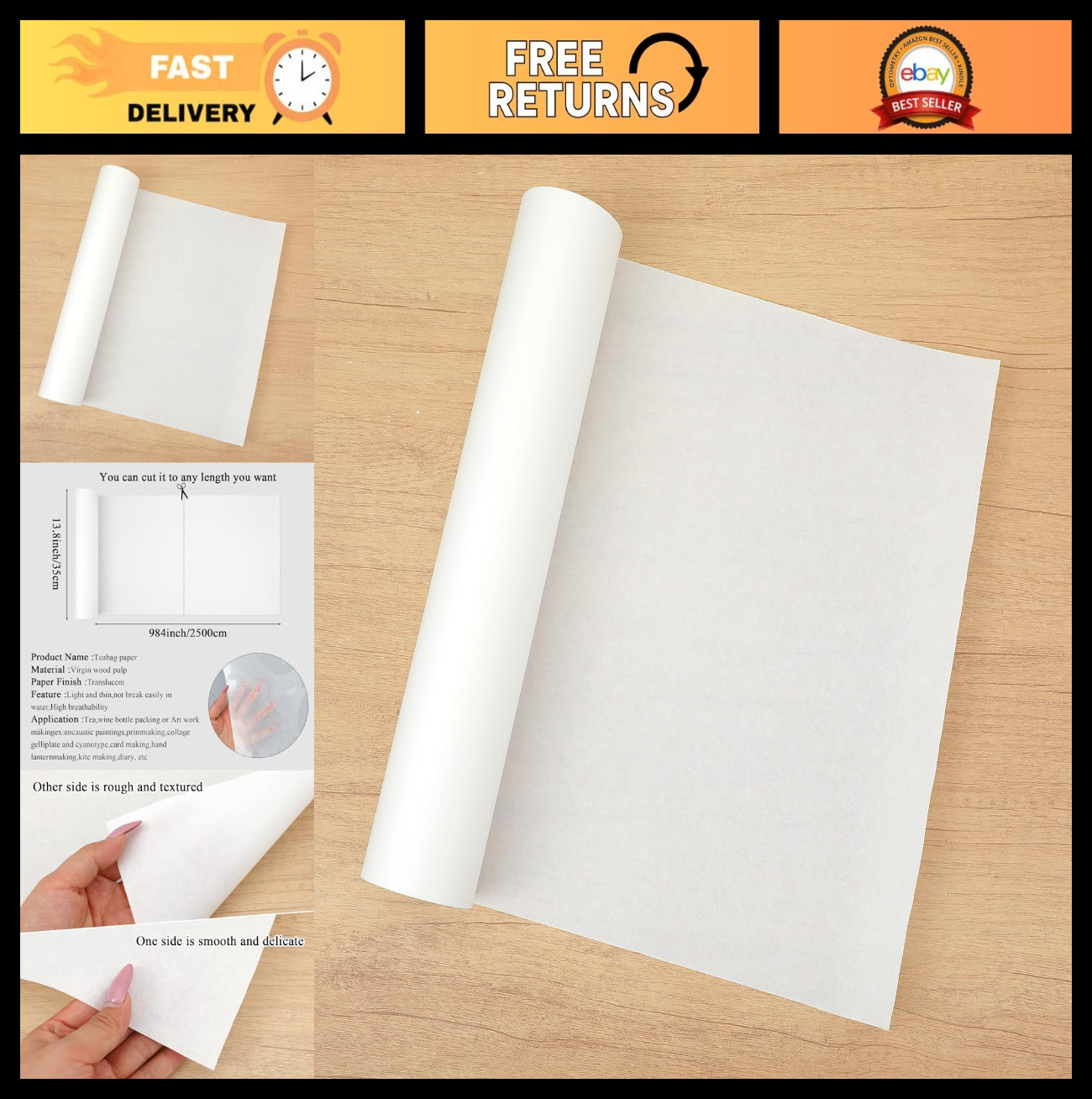 Artist Teabag Paper Roll for Mixed Media Art, White 13.8″ x 984