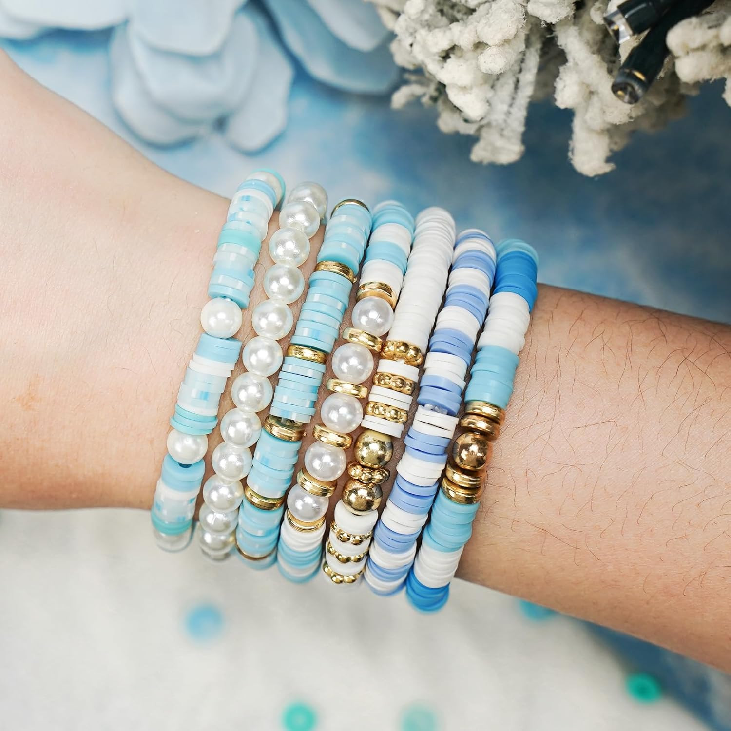 Clay Beads for Bracelets, Blue Winter Clay Beads Bracelet Making Kit with Golden