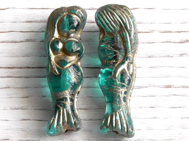 2 – 25x7mm CZECH TRANSPARENT TEAL BLUE GOLD WASH MERMAID SEA GODDESS BEACH BEADS