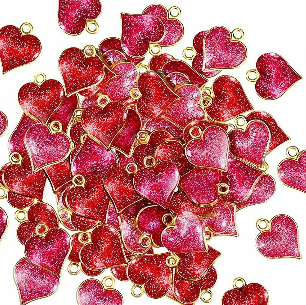 6 Glitter Enamel Heart Charms Gold Resin Valentine’s Day Themed Jewelry 17mm