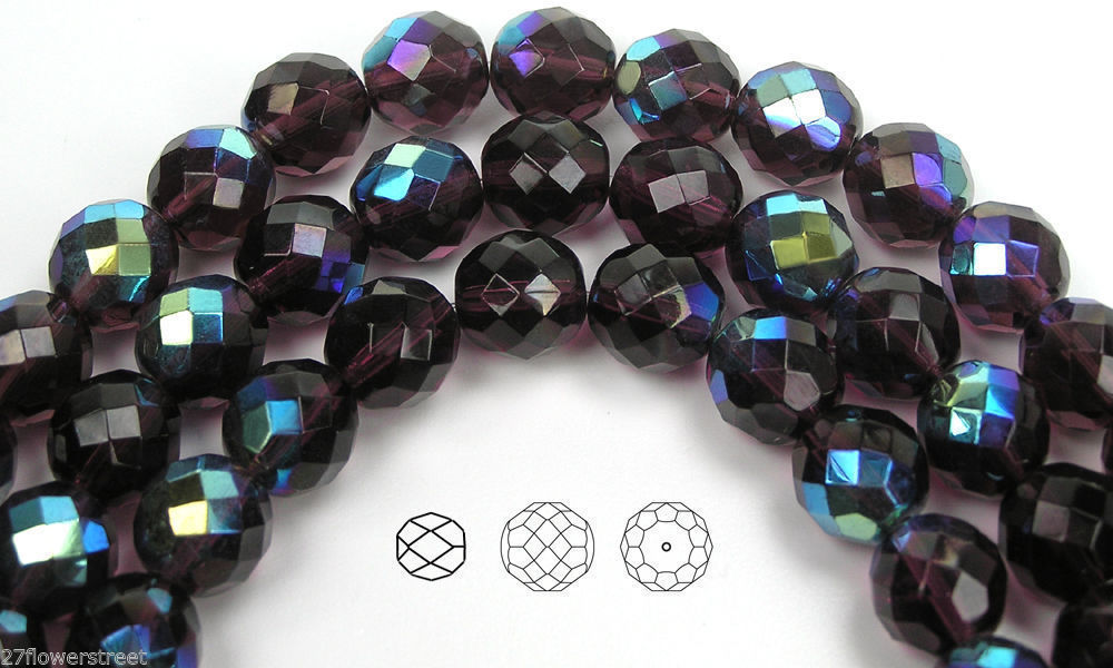 Czech Fire Polished Round Faceted Beads in Deep Violet AB coated, 16″ strand