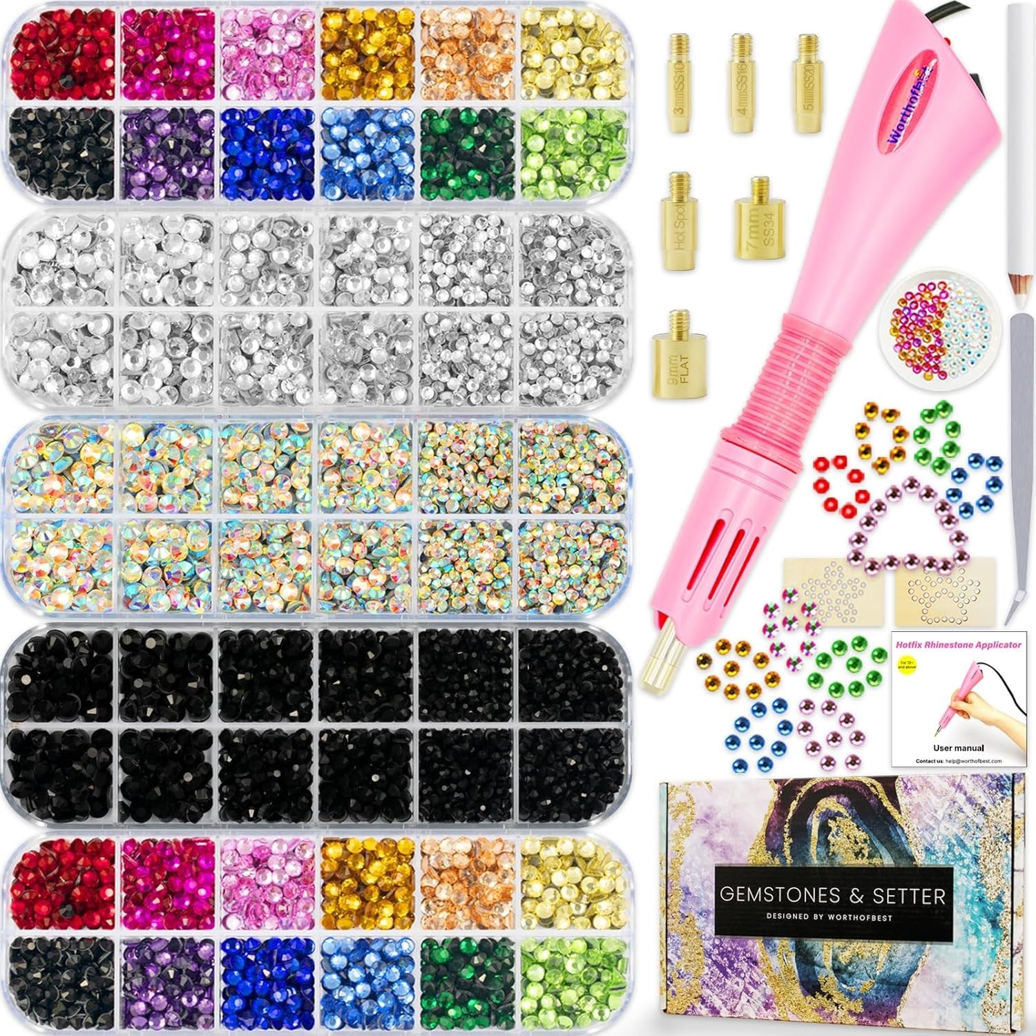 Rhinestone Applicator Tool Set with 8500 Gems, Tweezers and Instruction Manual