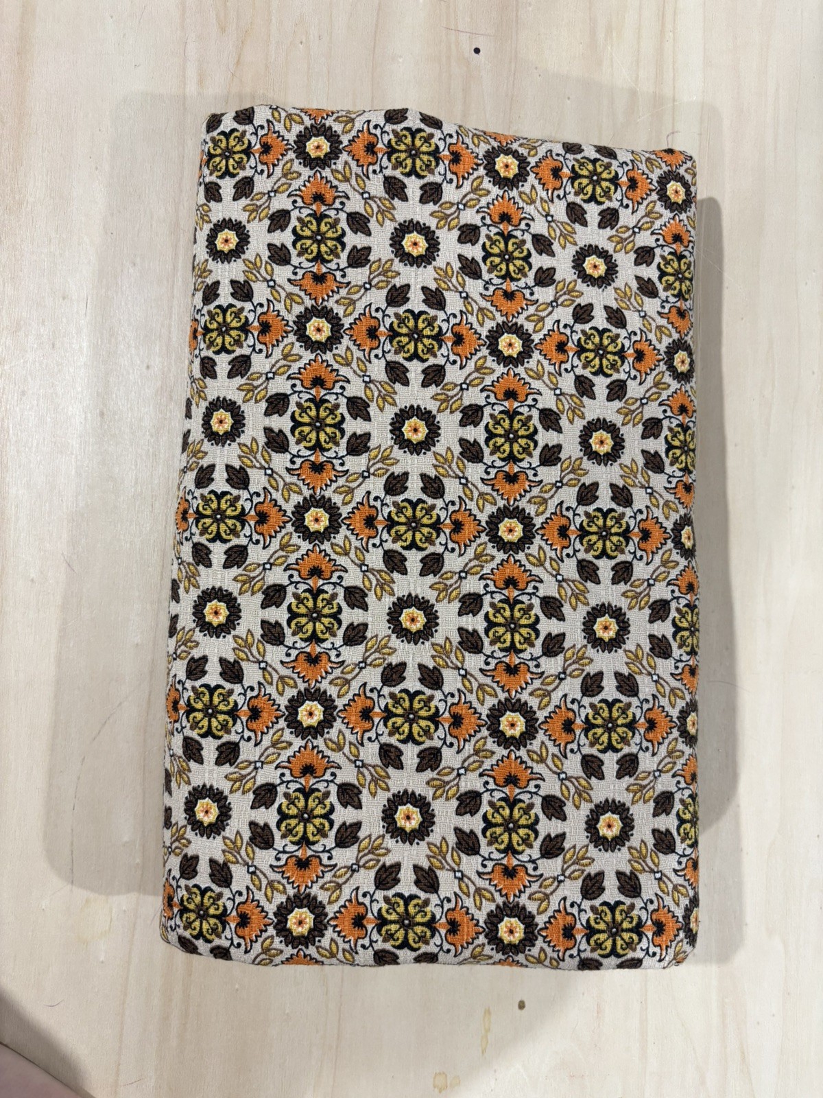 1970s print upholstery fabric cotton 1 3/4 yds 56” wide brown orange yellow