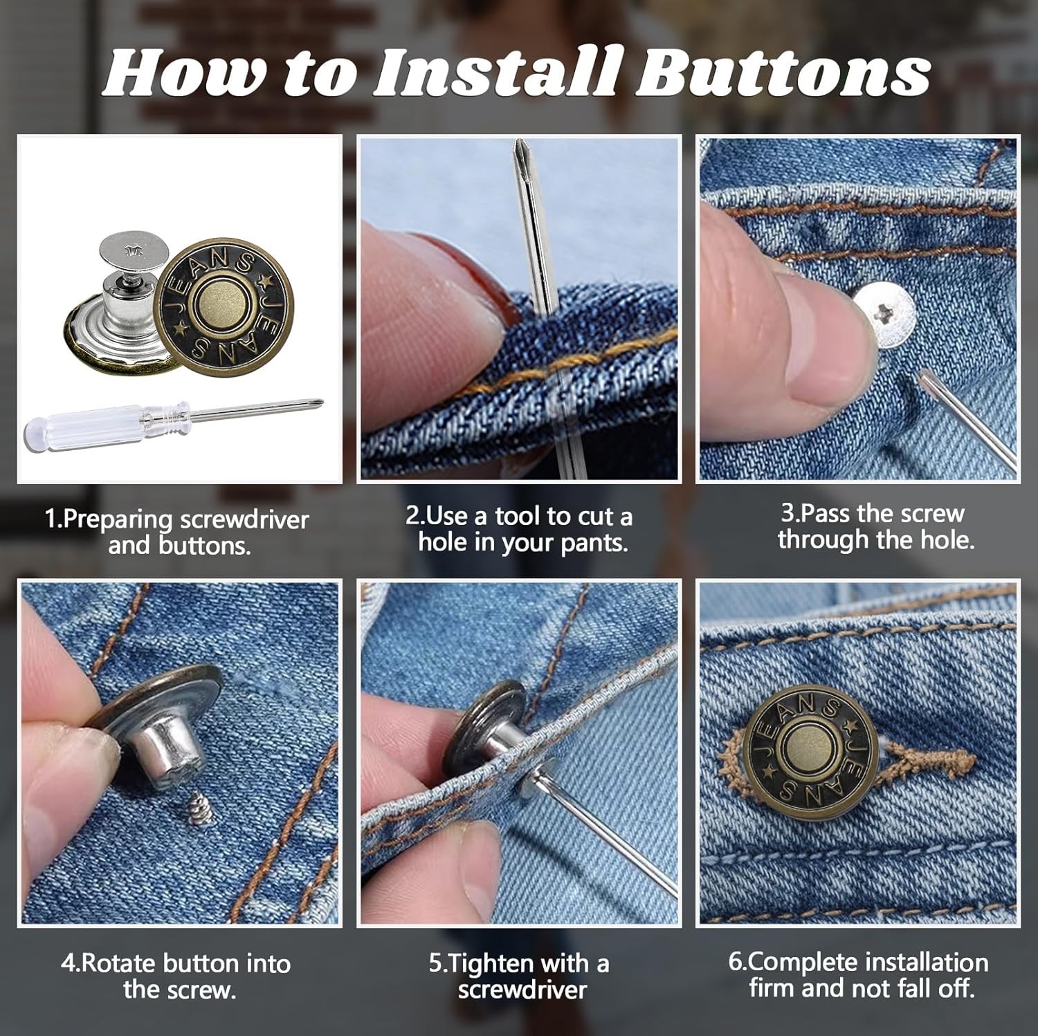 12 Sets, No-Sew Jeans Buttons Replacement – Metal Pants Buttons 17 mm 20 mm