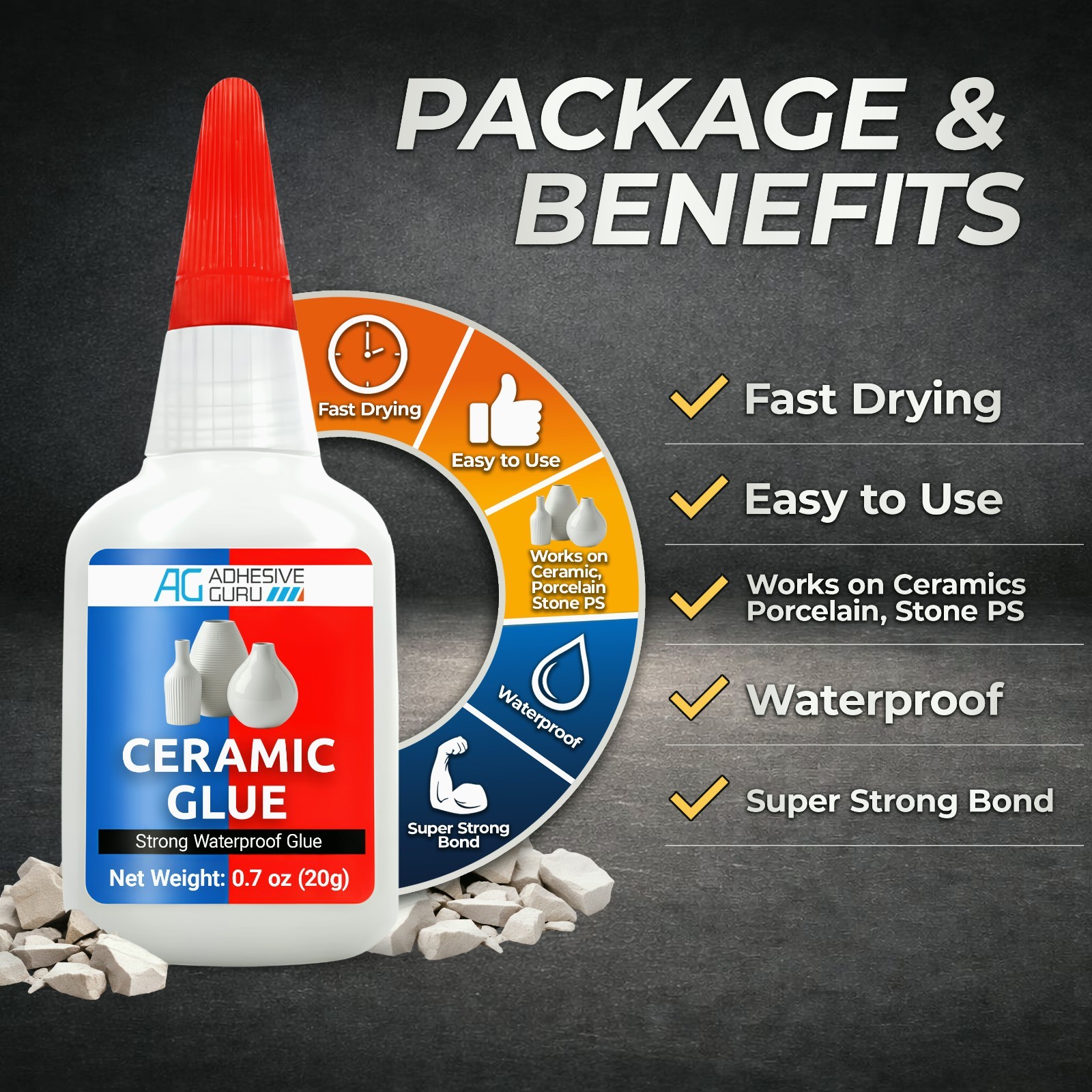 Adhesive Guru Ceramic Glue (150×0.7oz) Super Glue for Pottery, Porcelain & China