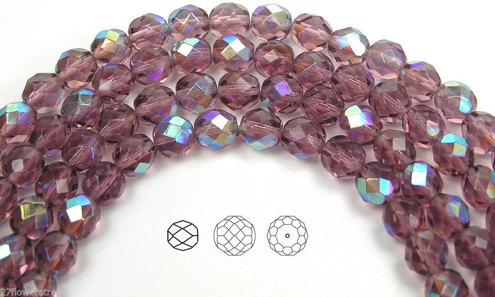 Czech Fire Polished Round Faceted Glass Beads in Light Amethyst AB coated, 16”