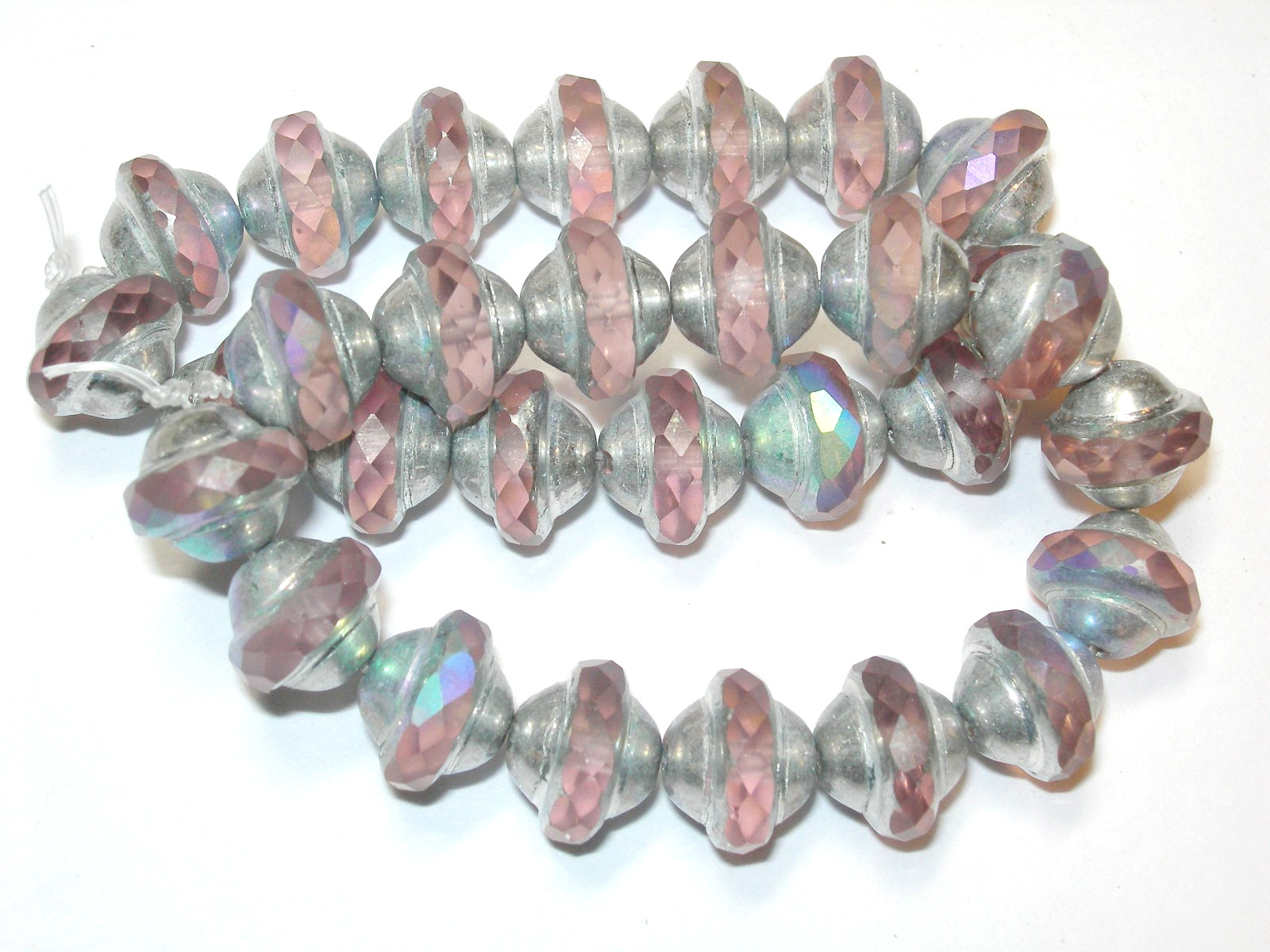 15 7mm Czech Glass Soft Pink with Silver AB Finish Faceted Saturn Saucer Beads