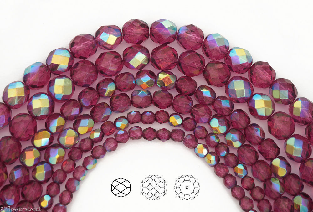 Czech Glass Fire Polished Round Faceted Beads in Crystal Pink Flare AB coated