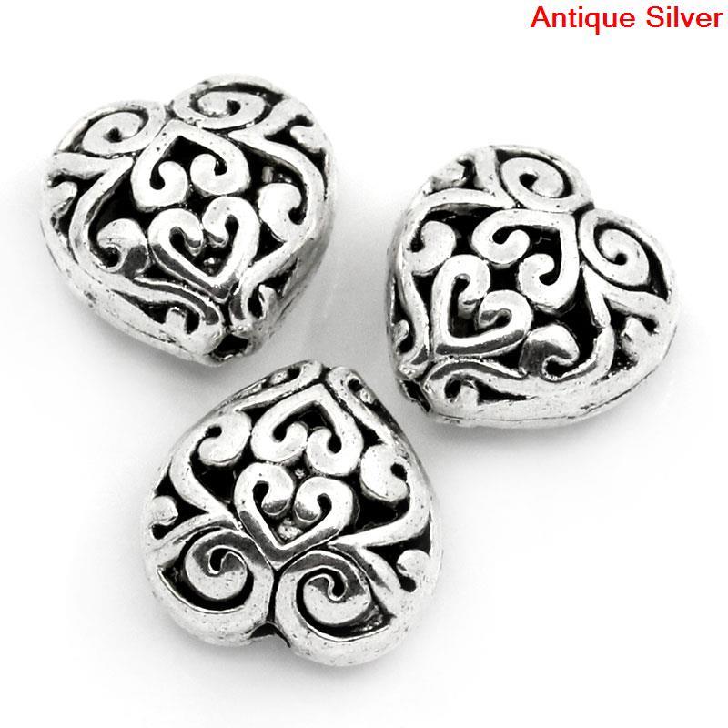 Puff Heart 13mm Antiqued Silver Plated Filigree Beads B4752 – 2, 5 Or 10PCs