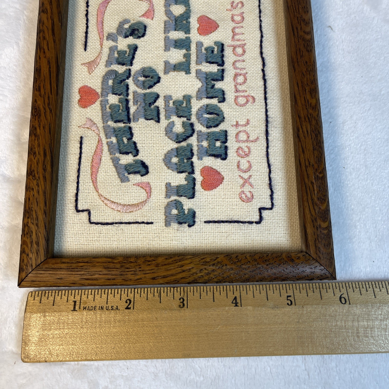 VTG Framed Crewel Embroidery “There’s No Place Like Home Except Grandma’s” 8×6″