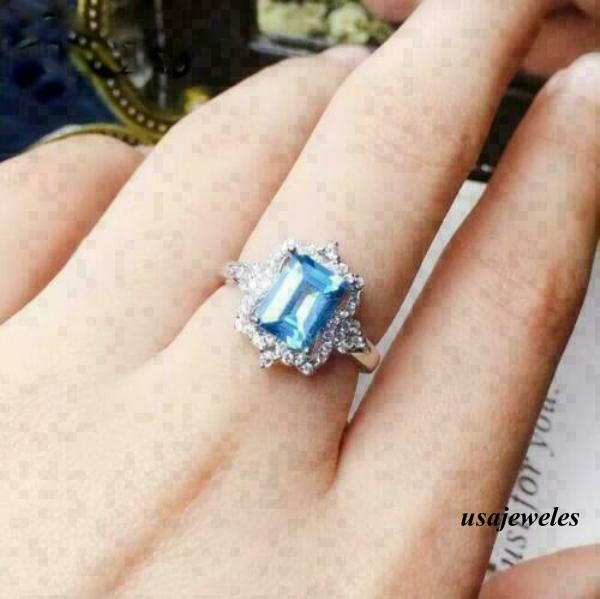 Emerald Cut 2CT Real Aquamarine Wedding Halo Jewelry Ring 14K White Gold Finish