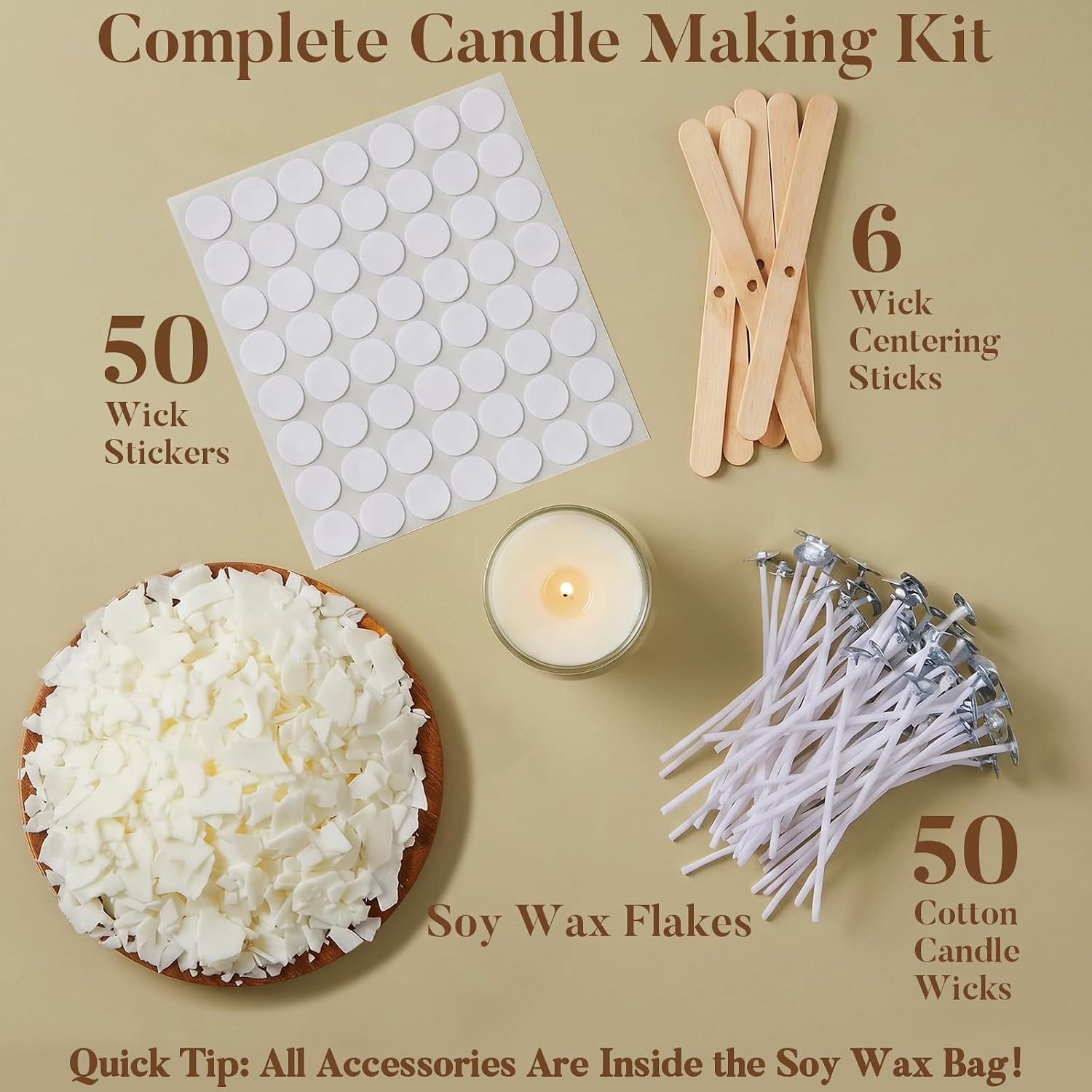 Organic Soy Wax for Candle Making, Paraffin-Free, 1LB with 50 Wicks | Clean-Burn