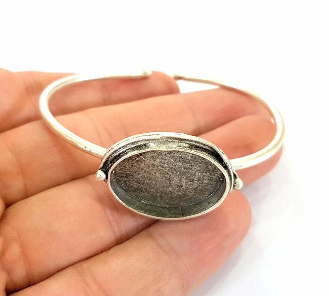 Ethnic Oval Silver Bracelet Blanks Cuff Adjustable Antique Silver Brass G7826