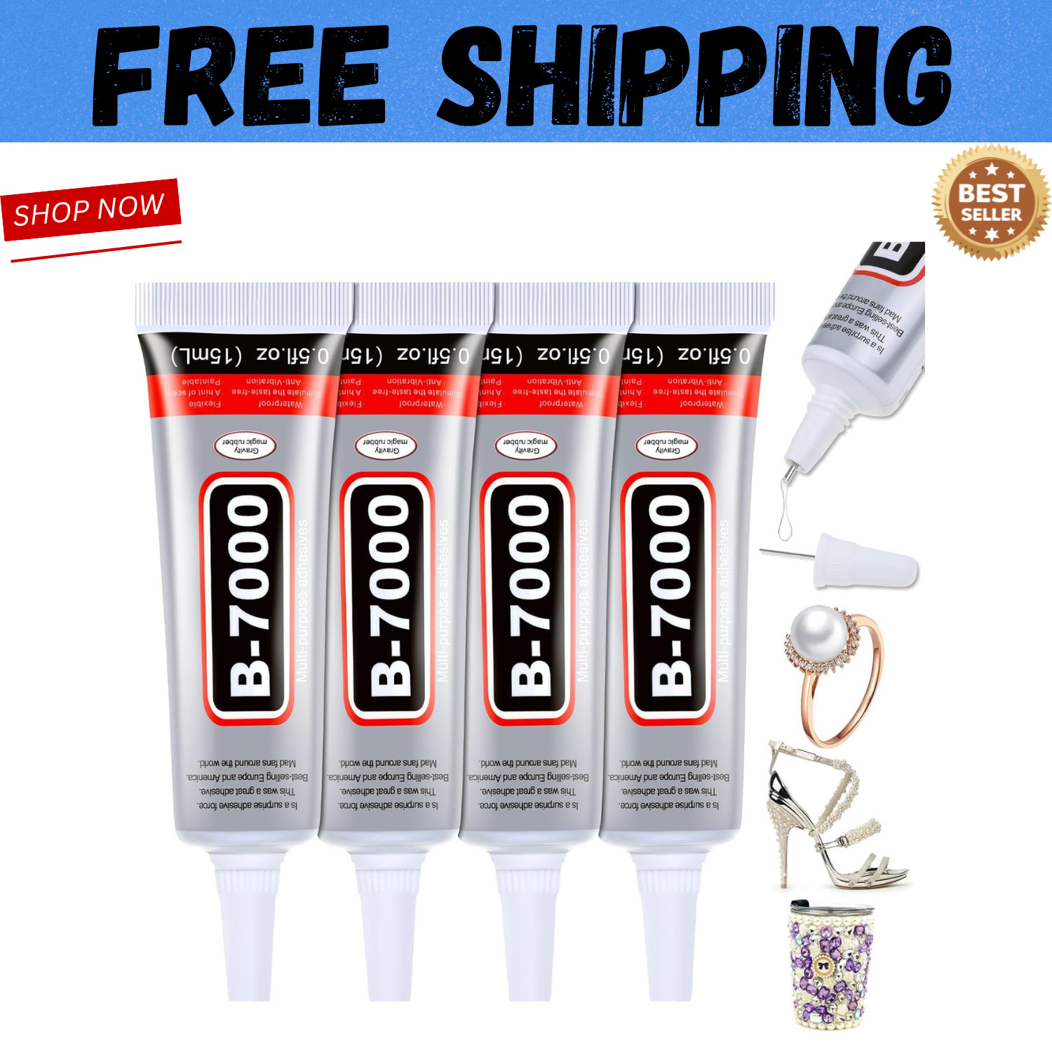 B-7000 Glue Clear 4 Pack – 15ml Jewelry Rhinestone Fabric Phone Repair Adhesive.