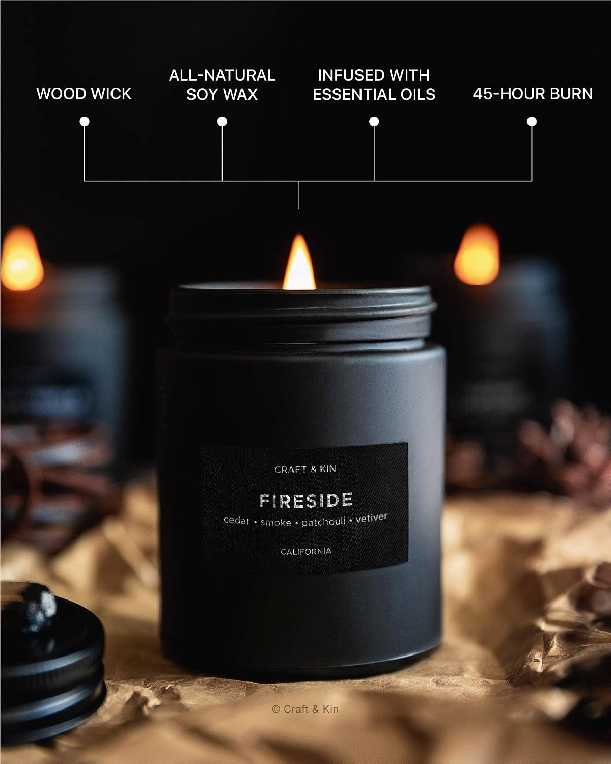 Premium Smoky Fireside Scented Candle – Long Lasting, 45 Hour Burn Time – 7.6 Oz