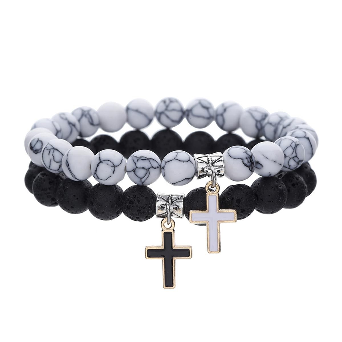 2 Pieces White Turquoise Black Beaded Bracelet for Women Unisex Cross Pendant Co