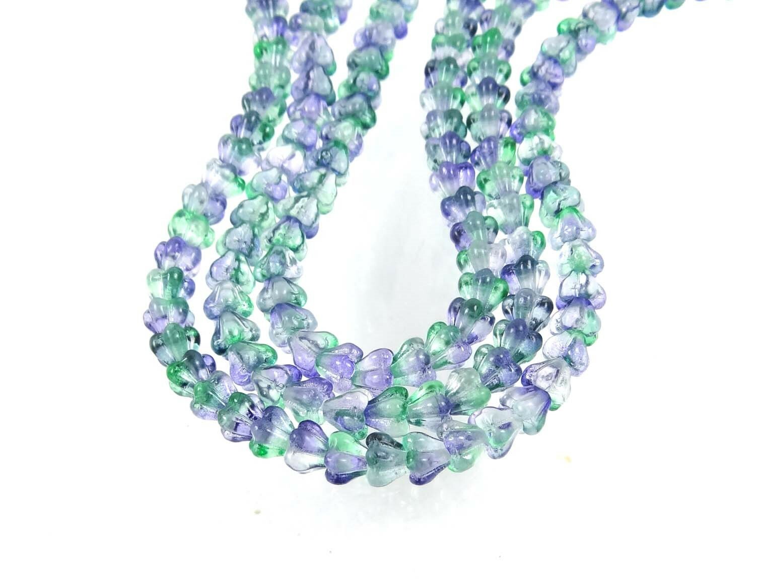 25 Czech Glass Baby Bell Flower Beads – Dual Coated – Blueberry/Green Tea 6x4mm