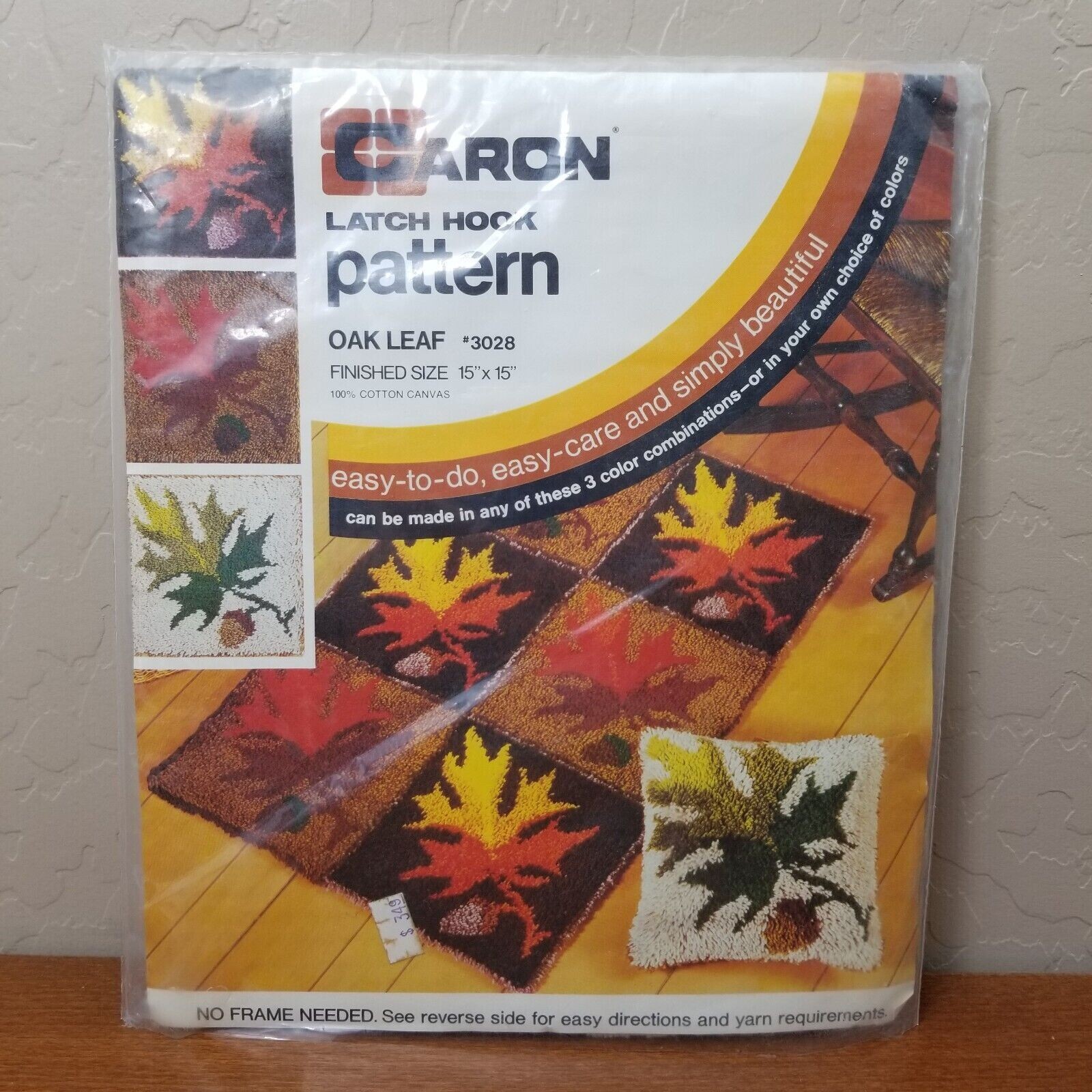 CARON Vintage OAK LEAF PILLOW 3028 Latch Hooking Pattern -1970’s – 15″ by 15″