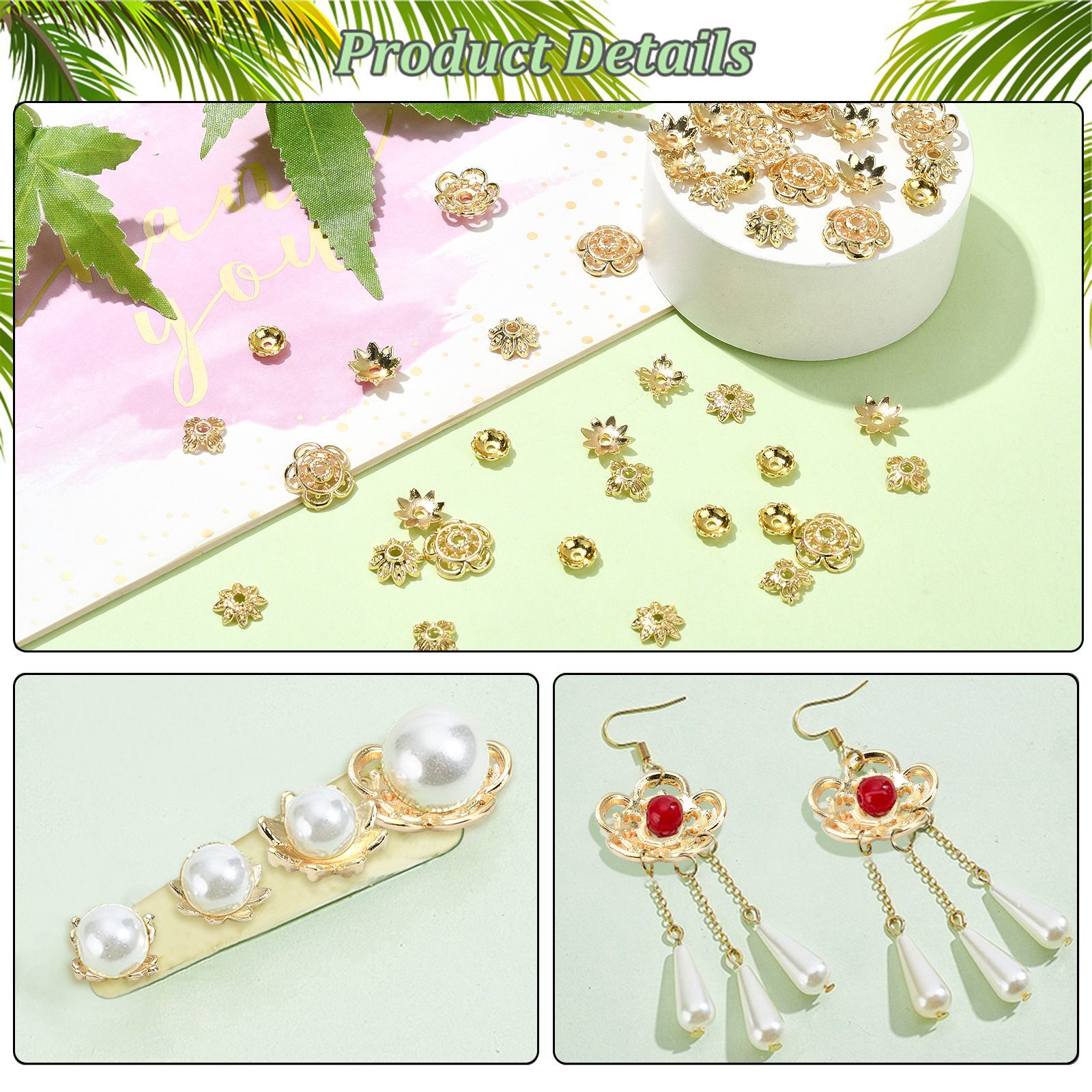 50x Alloy Golden Flower Bead End Caps Spacer Beads for DIY Jewelry Making