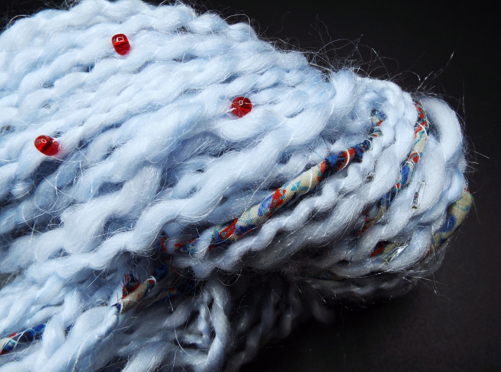 Light Blue ~ Red Beads ~ Silver Bugle Beads ~ Wool& Acrylic ~ Silk Fabric