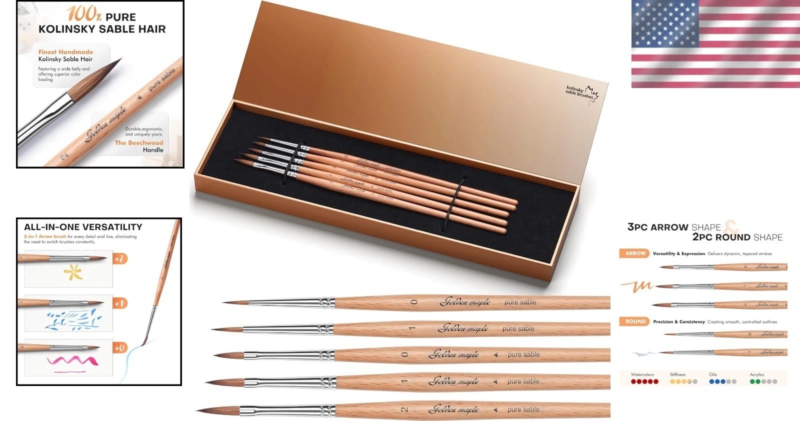 Professional Kolinsky Sable Miniature Brushes 5PC Arrow Point Detail