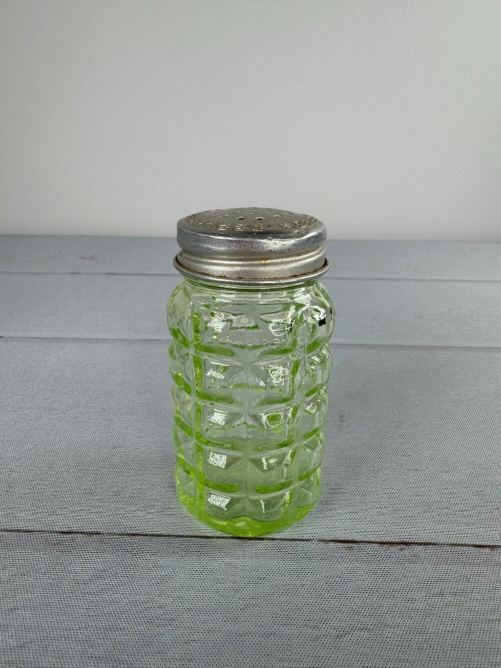 Vintage Hazel Atlas Uranium Vaseline Glass Salt Shaker Waffle Block UV Reactive