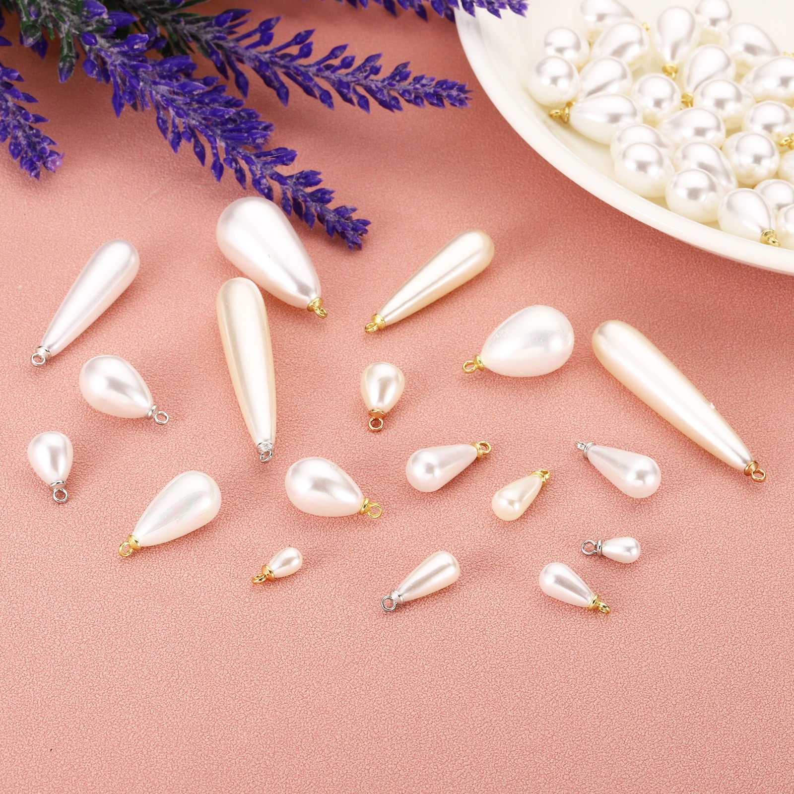 50Pcs 7x5mm Pearl Charm Pearl Beads Teardrop Pendant with Loop Golden