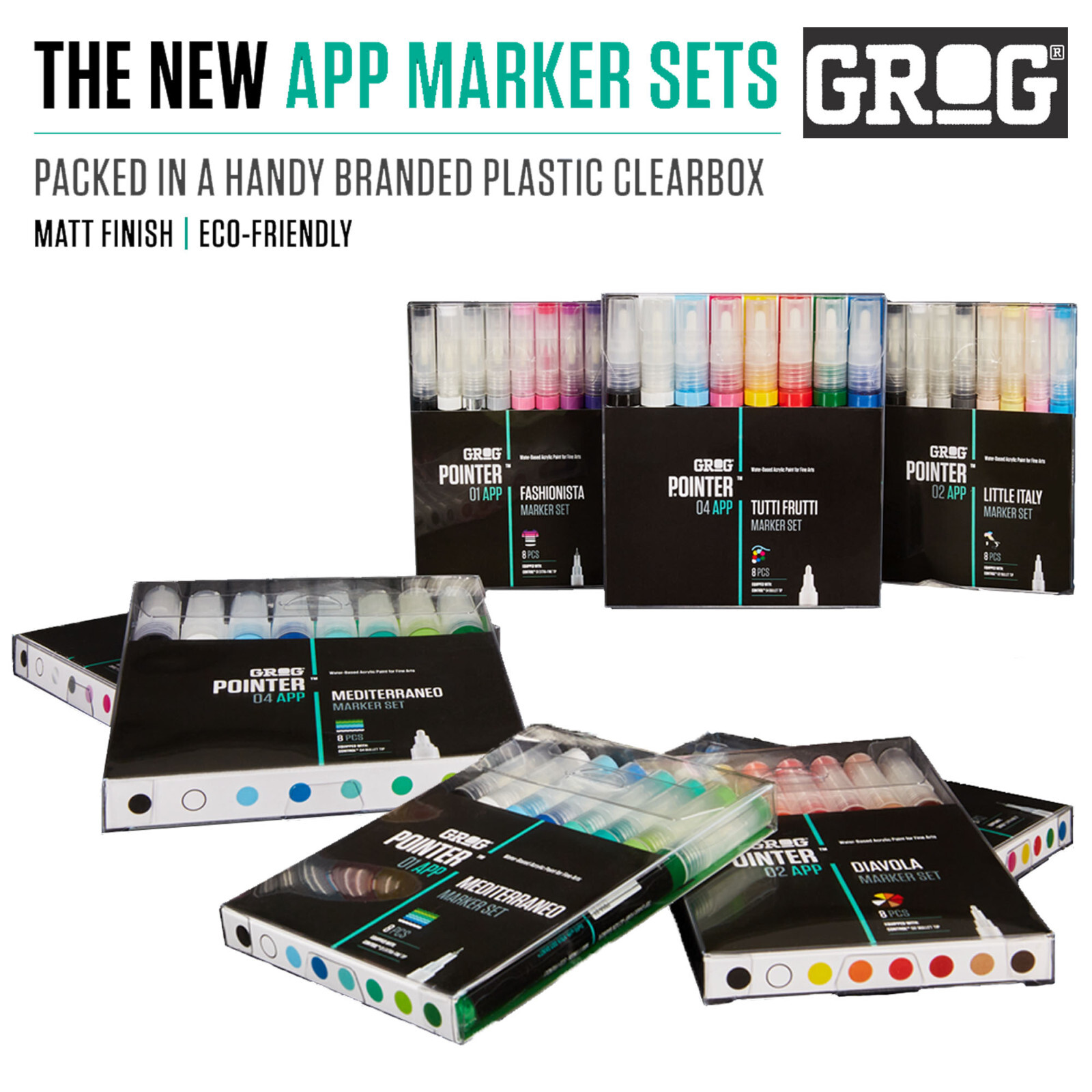 Grog Aqua Paint Mixed Marker 8 Pack – Multi Colour/Size Pointer Art Bundle Set