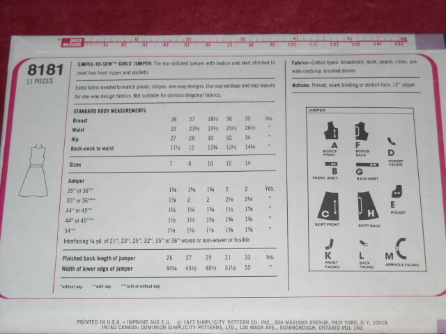💐1977 UNCIRCULATED SIMPLICITY #8181 – GIRLS SIMPLE TO SEW JUMPER PATTERN 7-14FF