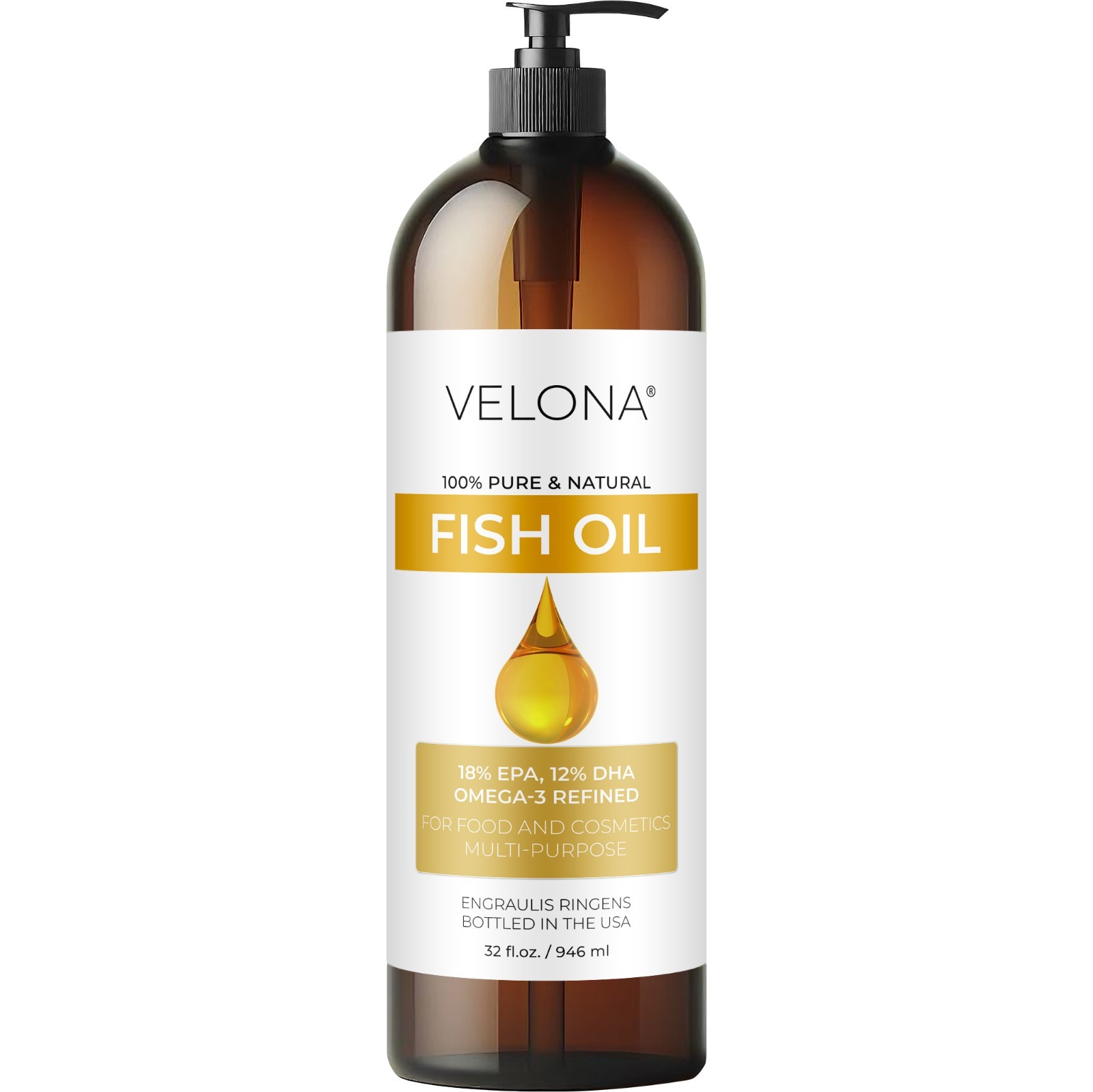 Fish Omega-3 Oil by Velona – 2oz-7lb Pure Refined Cold pressed Vitamin E, D