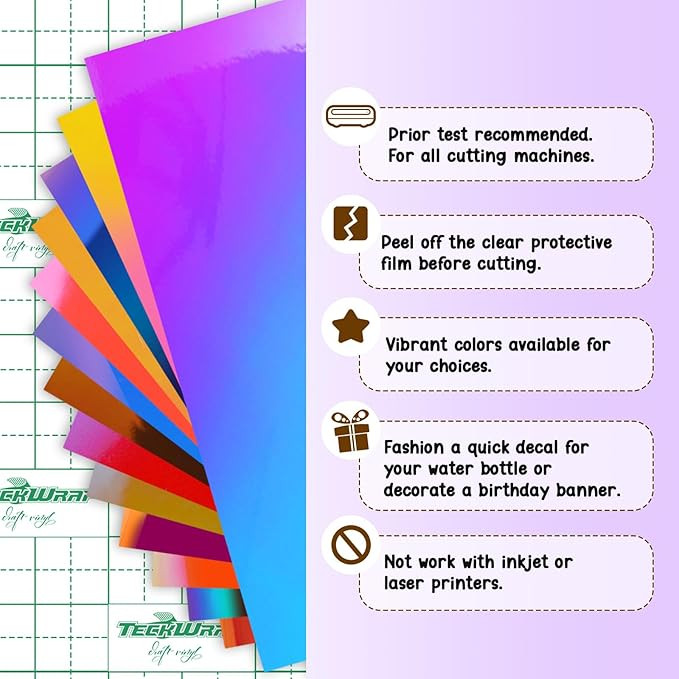10 Sheets Holographic Permanent Vinyl 12″x12″ Vinyl for Cricut & Silhouette